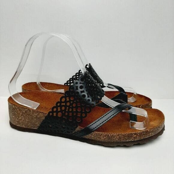 SONIA C. Italy Cork Low Wedge Heel Sandal Thong Sandal Black Geo Circle Sz 8 - Picture 3 of 12